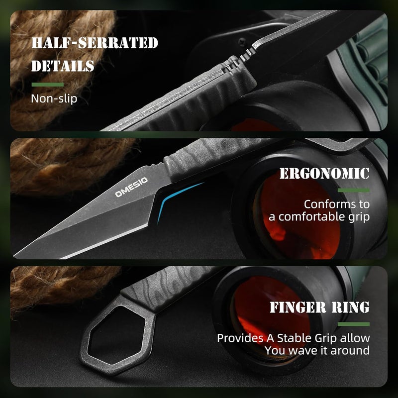 Omesio Fixed Blade Knife with Sheath, 6.38” Neck Knife Full Tang Small Necklace Knife for Men, Compact EDC Tactical Knife Suitable for Survival Hiking Camping Outdoor (Black) - Image 3